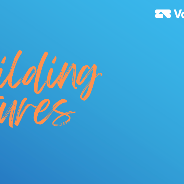 Blue gradient background with orange text to the left reading 'building futures' and VolkerLaser's logo in the top right corner