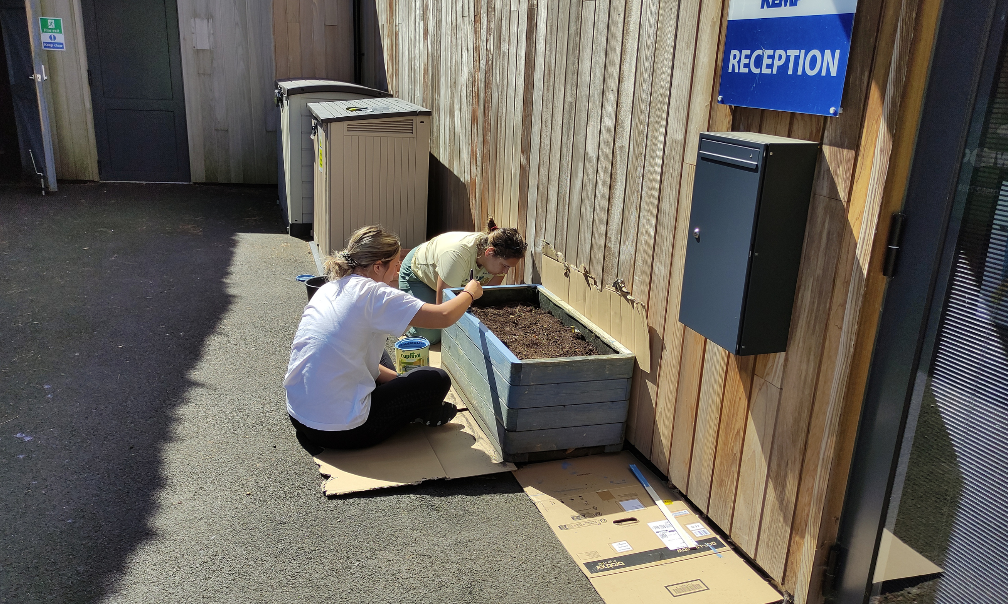 Volunteers painting planters